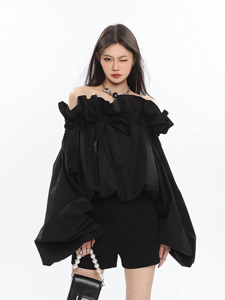 Caroline Solid Color Ruffle V-Neck Off-the-Shoulder Long Sleeve Blouse Top
