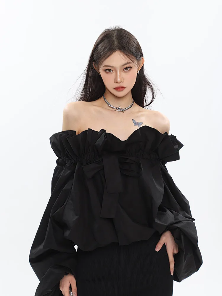 Caroline Solid Color Ruffle V-Neck Off-the-Shoulder Long Sleeve Blouse Top