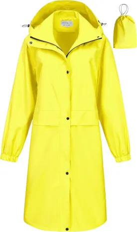 CREATMO US Women's Long Waterproof Rain Coats Lightweight Rain Jacket Packable Windbreaker with Removable Hood