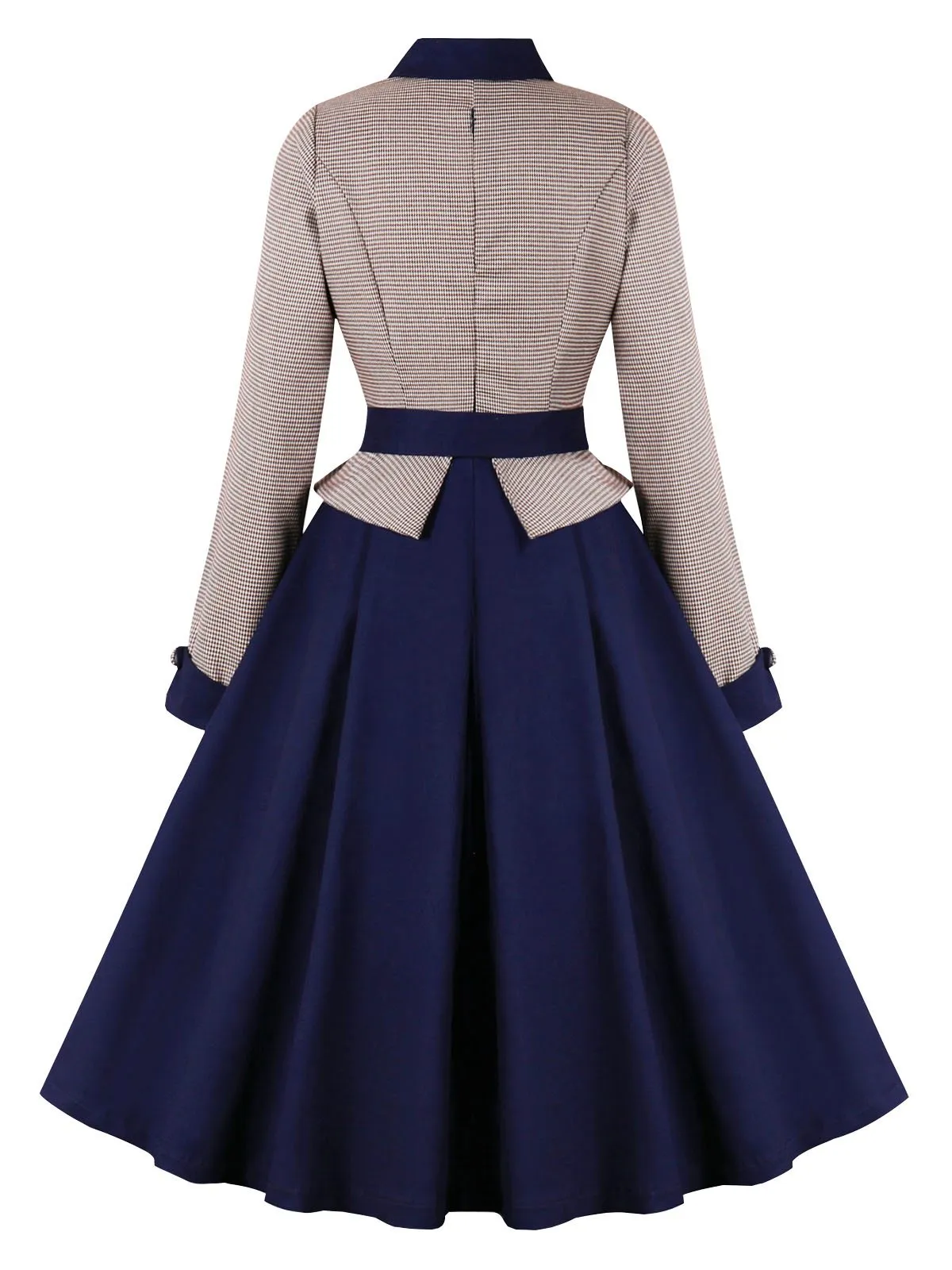 Dark Blue 1950s Houndstooth Patchwork Belted Dress