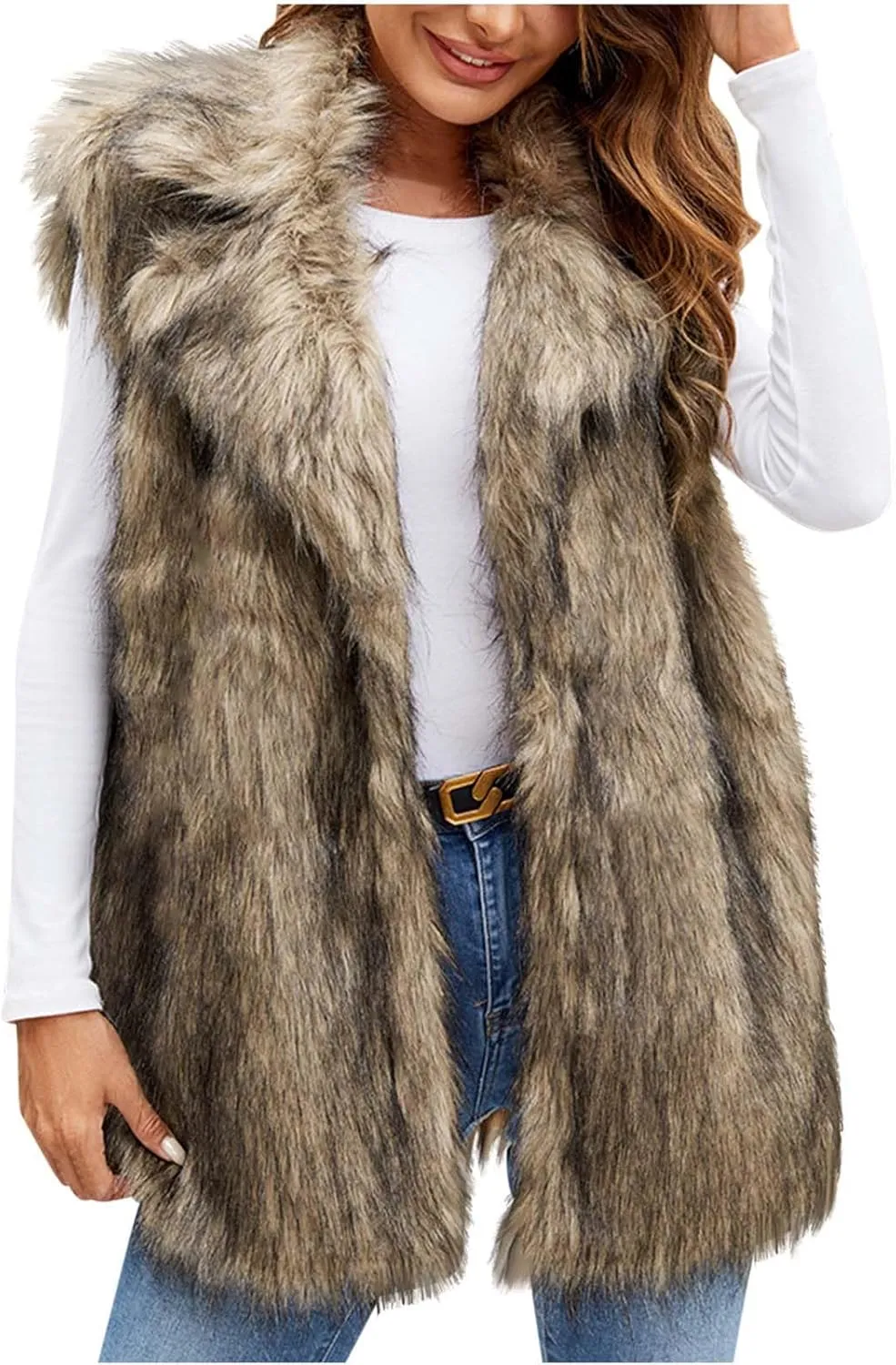 DDAPJ pyju Faux Fur Vest Jacket for Women Sleeveless Open Front Winter Warm Waistcoat Fluffy Fuzzy Gilet Coat Outerwear