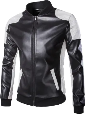 DGHM-JLMY Mens Classic Faux Leather Jacket White Black Moto Bomber Fashion Slim Fit Coat Motorcycle Bomber Jackets
