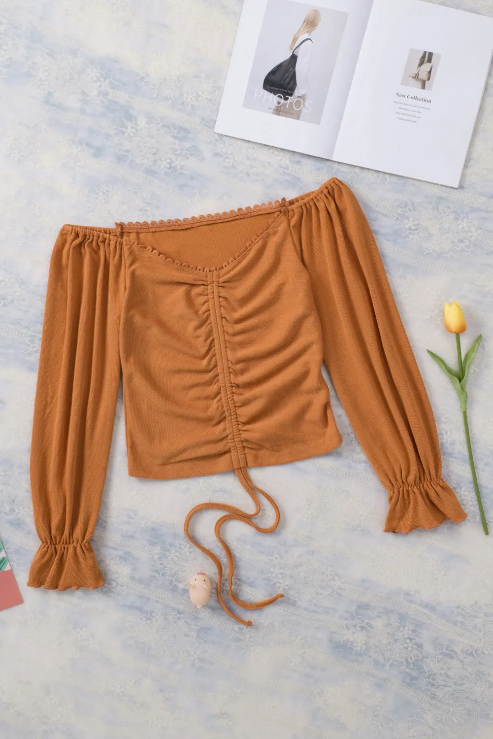 Drawstring Ruched Off The Shoulder Crop Top