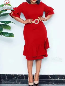 Elegant Lady Summer Solid Color Pencil Dress Patchwork Design Zipper Ruffles Belt Decor O-Neck Butterfly Sleeve Slim Hips Dress M S4589798