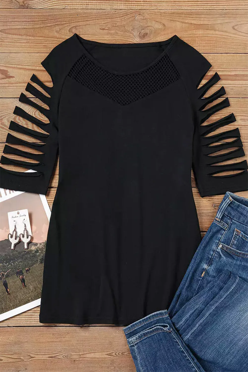 Fishnet Splicing Strappy Cutout Shoulder Top