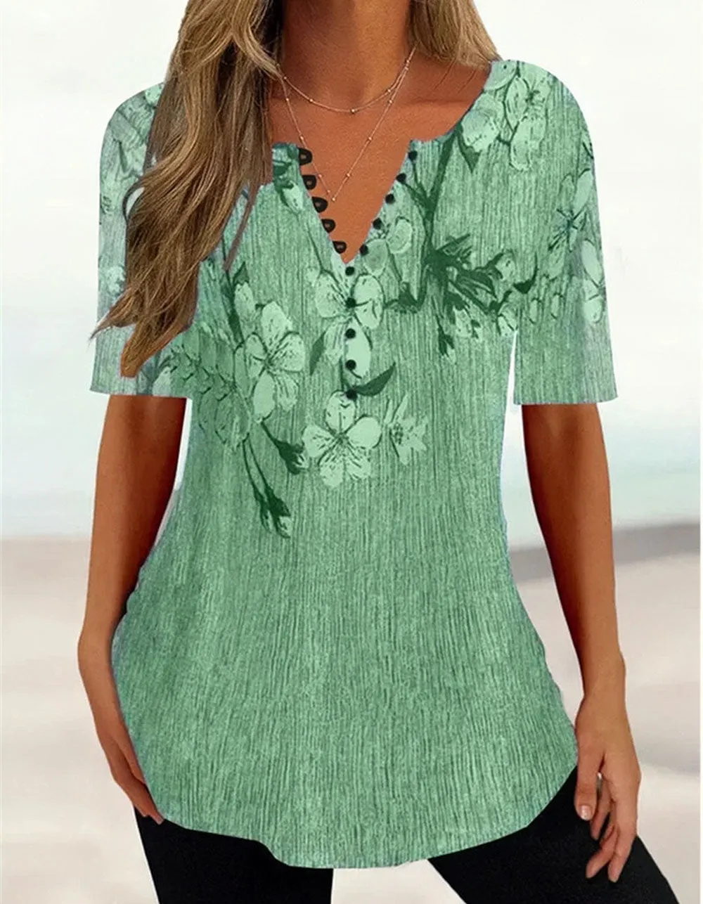 Floral Printed V-Neck Loose Short Sleeve Button Shirt