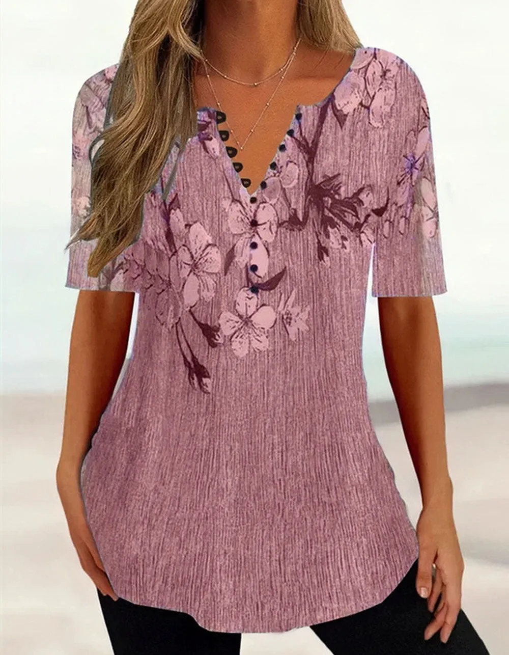 Floral Printed V-Neck Loose Short Sleeve Button Shirt