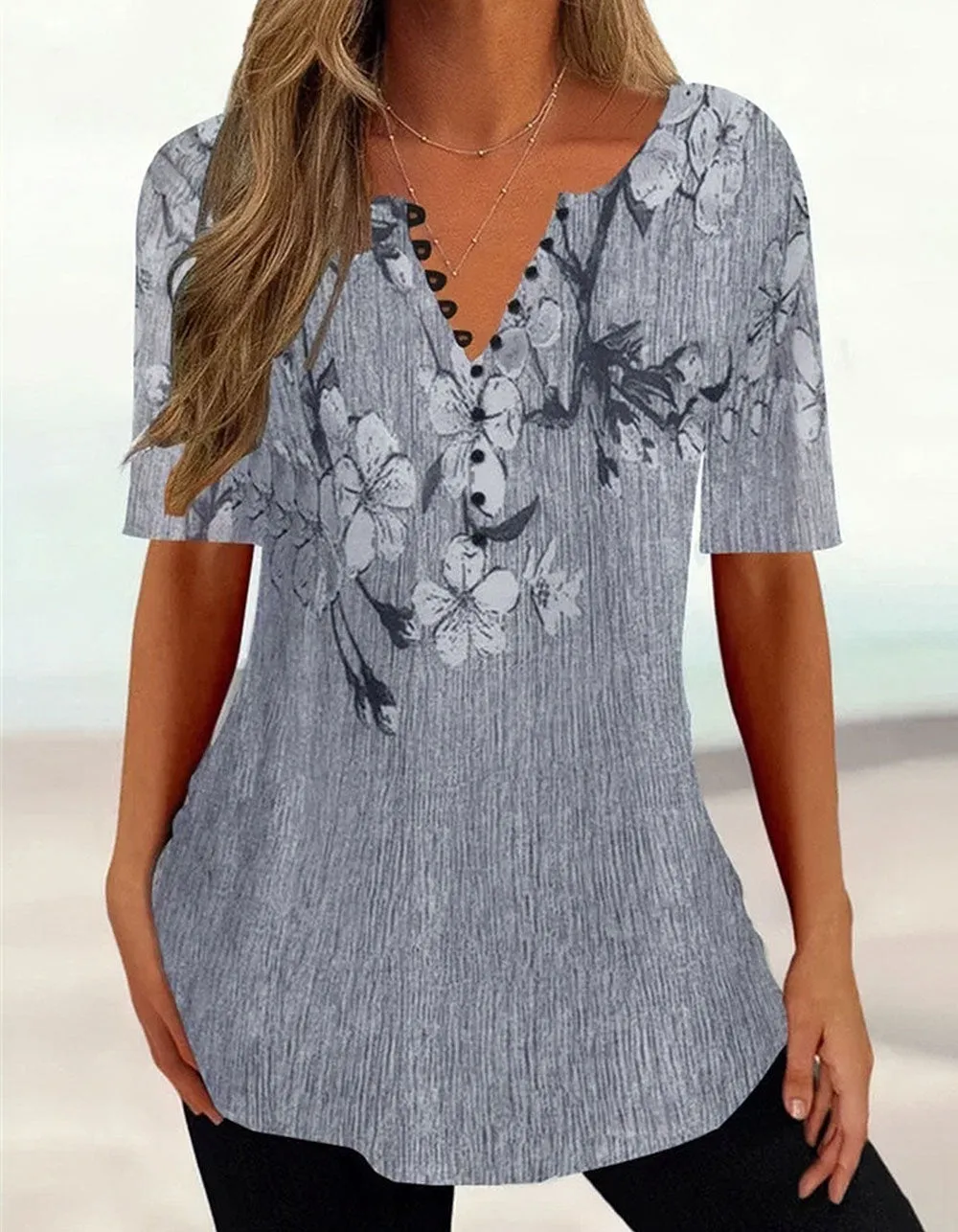 Floral Printed V-Neck Loose Short Sleeve Button Shirt