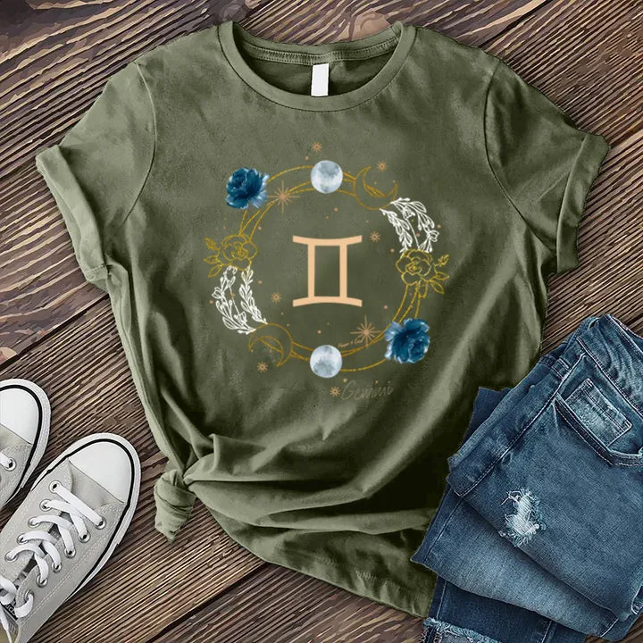 Gemini Symbol Floral Circle T-shirt