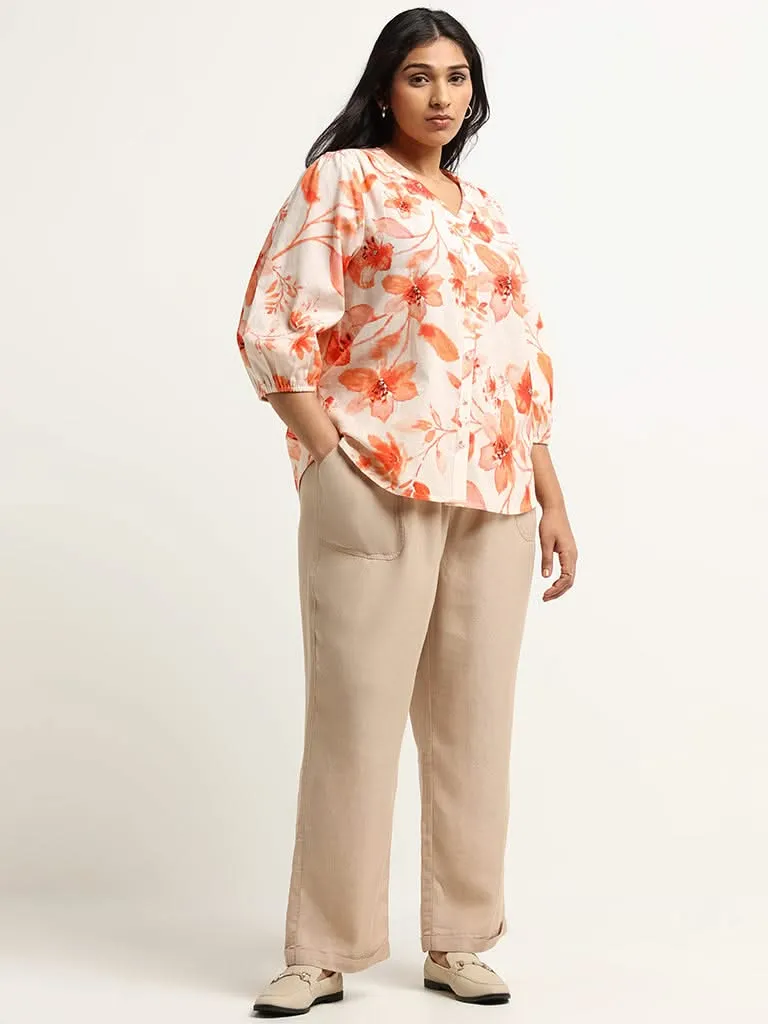 Gia Orange Floral Print Blended Linen Shirt