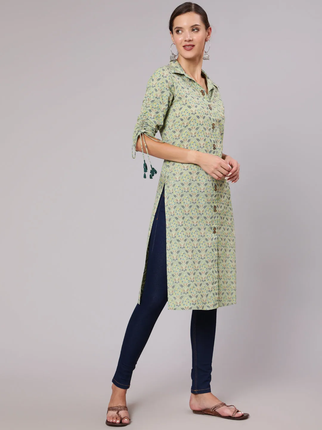 Green Cotton Printed Shirt Style Kurta With Tasseled Three-Fourth Pull Up Sleeves