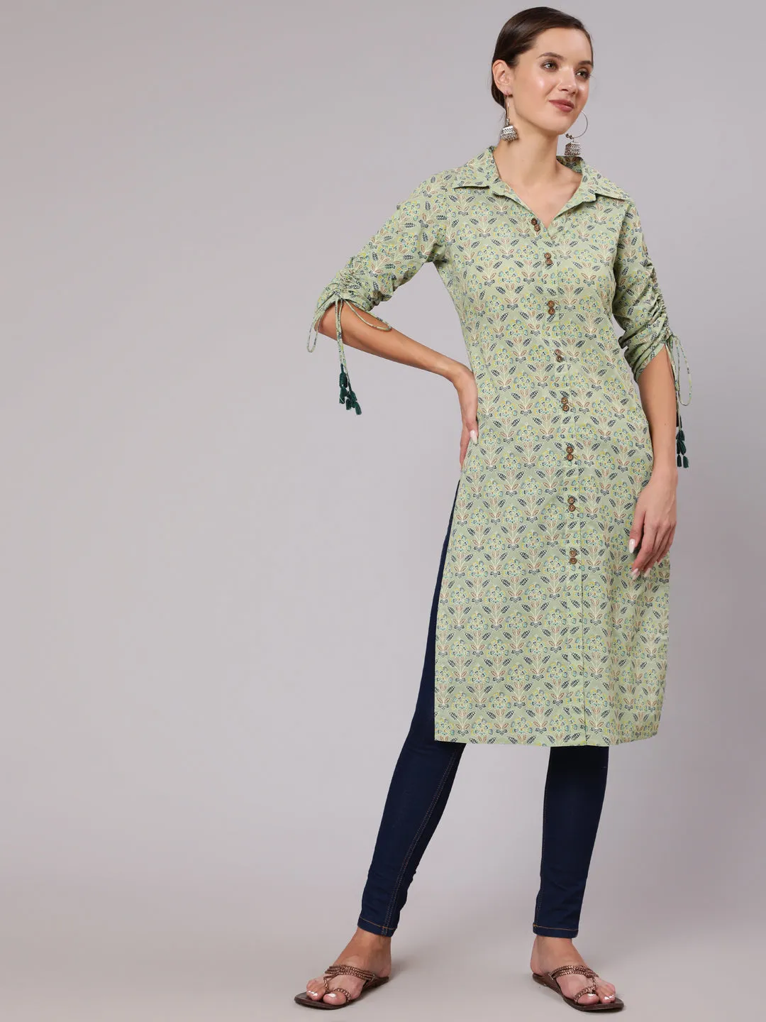 Green Cotton Printed Shirt Style Kurta With Tasseled Three-Fourth Pull Up Sleeves
