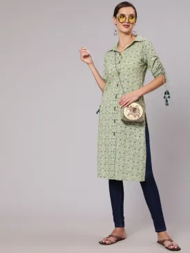 Green Cotton Printed Shirt Style Kurta With Tasseled Three-Fourth Pull Up Sleeves