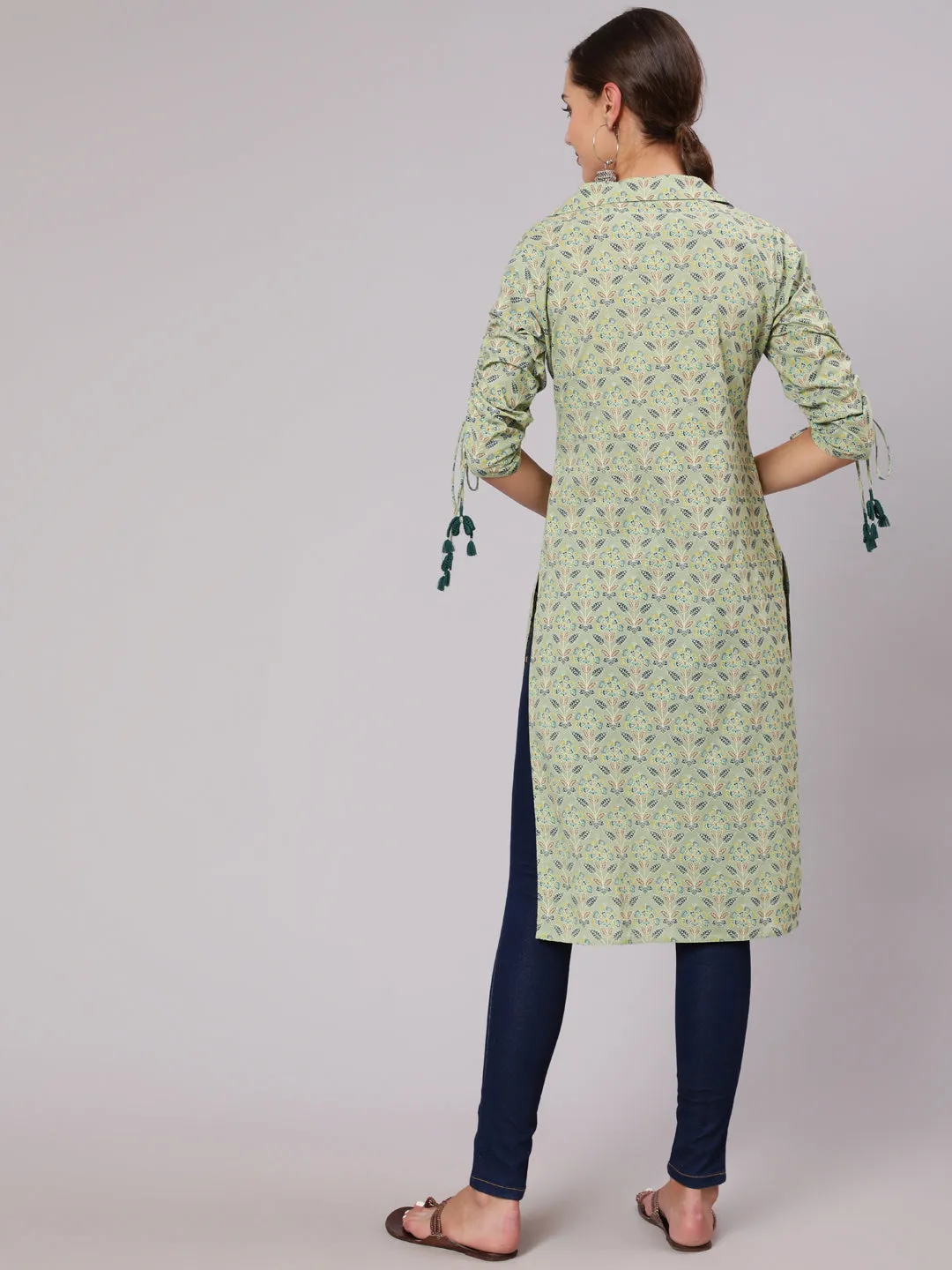 Green Cotton Printed Shirt Style Kurta With Tasseled Three-Fourth Pull Up Sleeves