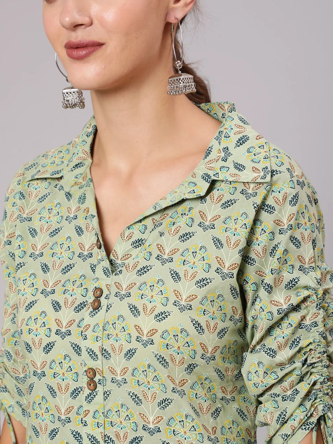 Green Cotton Printed Shirt Style Kurta With Tasseled Three-Fourth Pull Up Sleeves