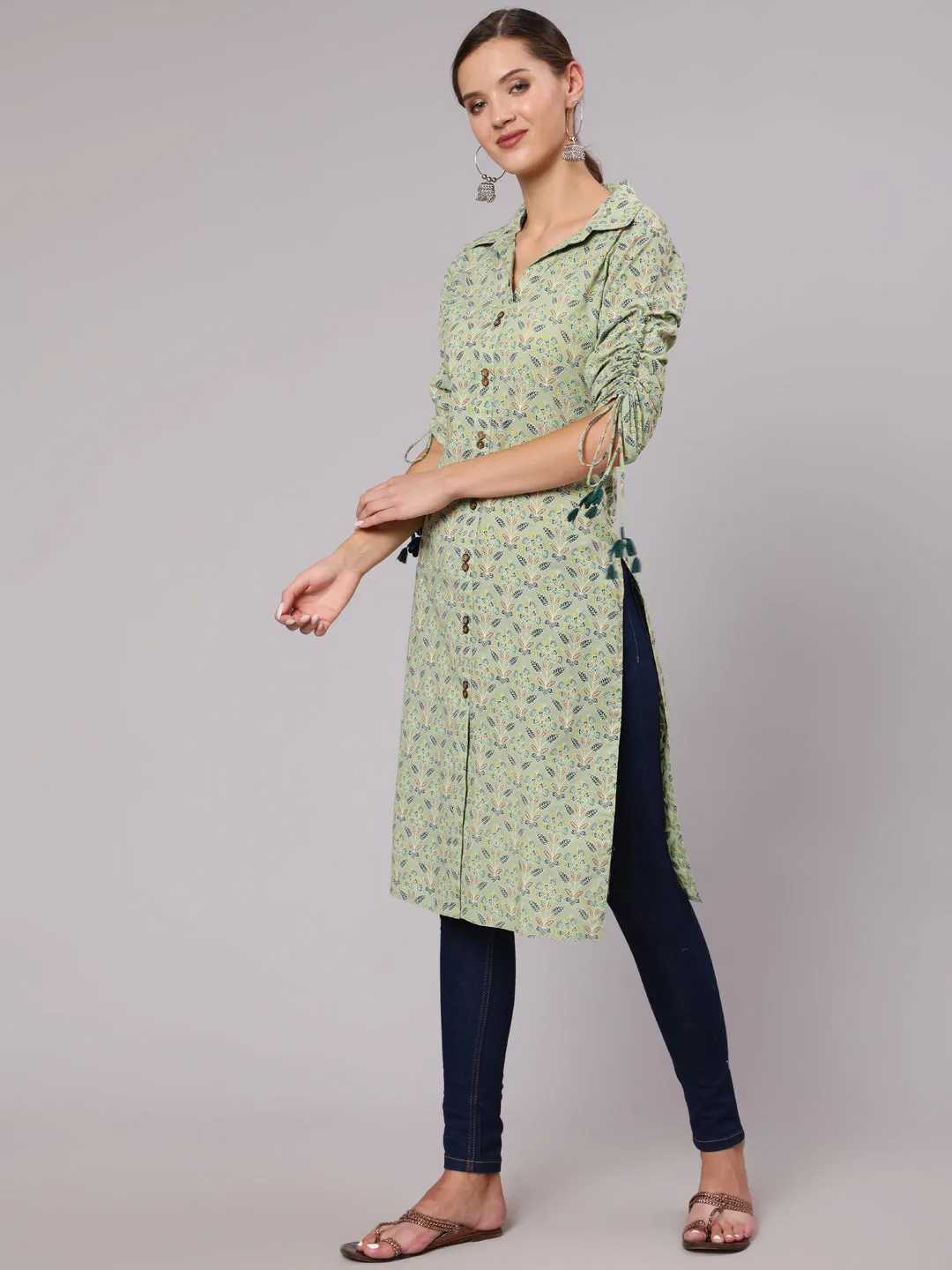 Green Cotton Printed Shirt Style Kurta With Tasseled Three-Fourth Pull Up Sleeves