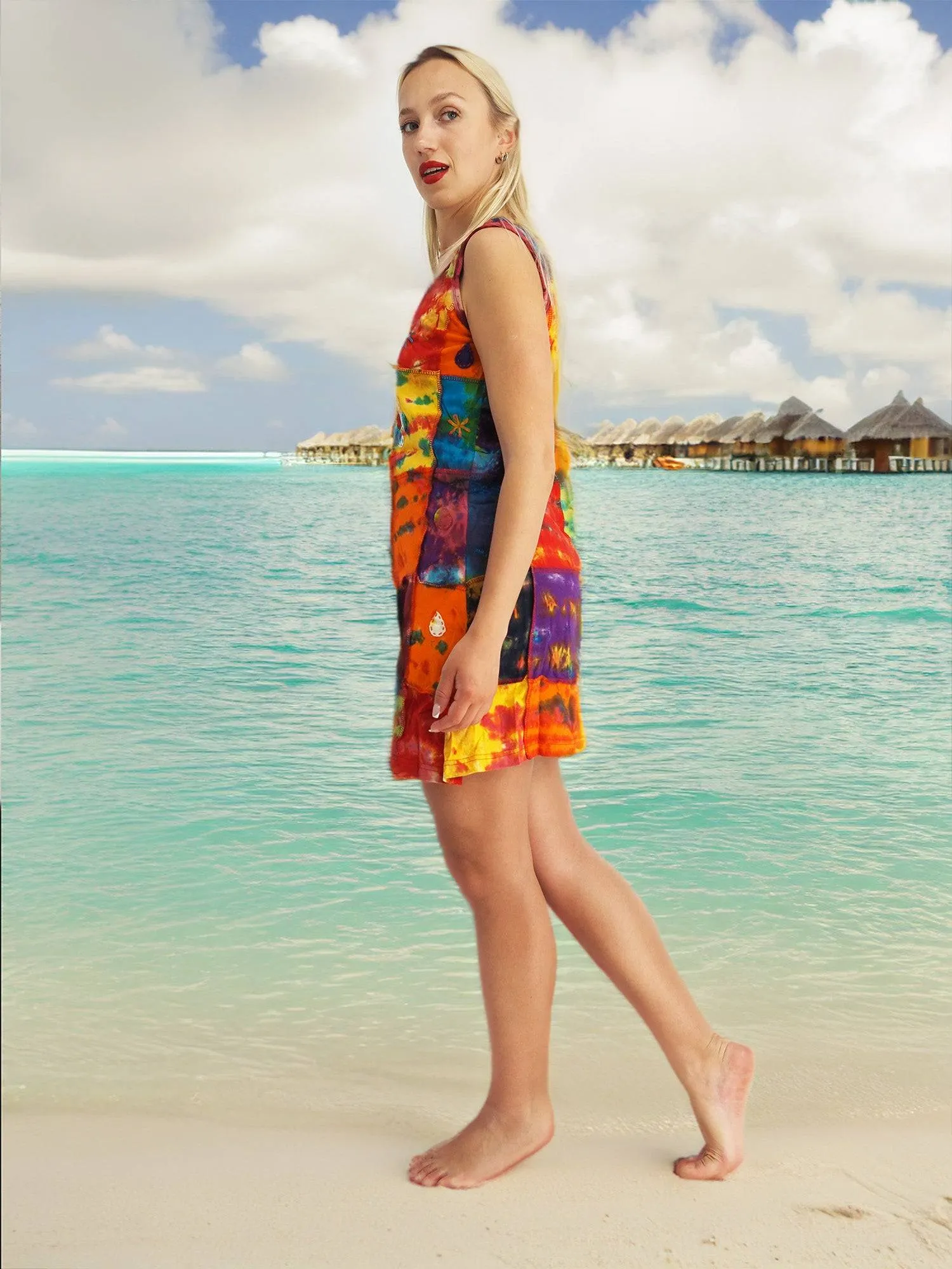Handmade Patchwork Tie Dye Boho Dress 100% Pre-Washed Cotton Multi Color S-M-L-XL