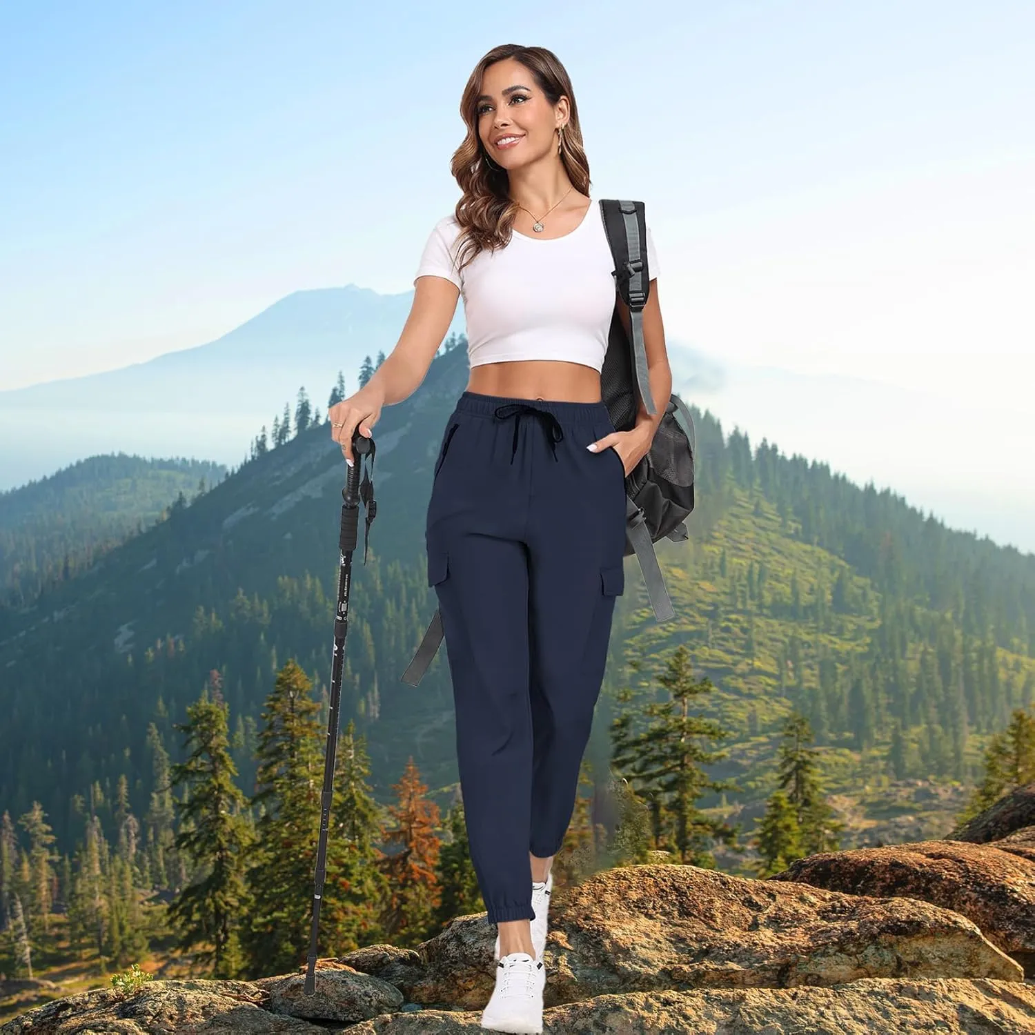 Hiking Pants for Women UPF 50  Cargo Quick Dry Water Resistant Elastic Waist Zip Pockets Travel Work Lightweight Running