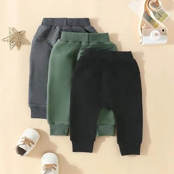 HIUARA Toddler Baby Boys Harem Pants 1/3-Pack Drawstring Pull-on Jogger Pants Kids Long Pants Elastic Waist Trousers Bottoms