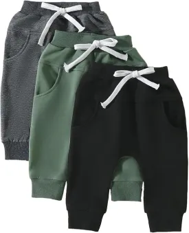 HIUARA Toddler Baby Boys Harem Pants 1/3-Pack Drawstring Pull-on Jogger Pants Kids Long Pants Elastic Waist Trousers Bottoms