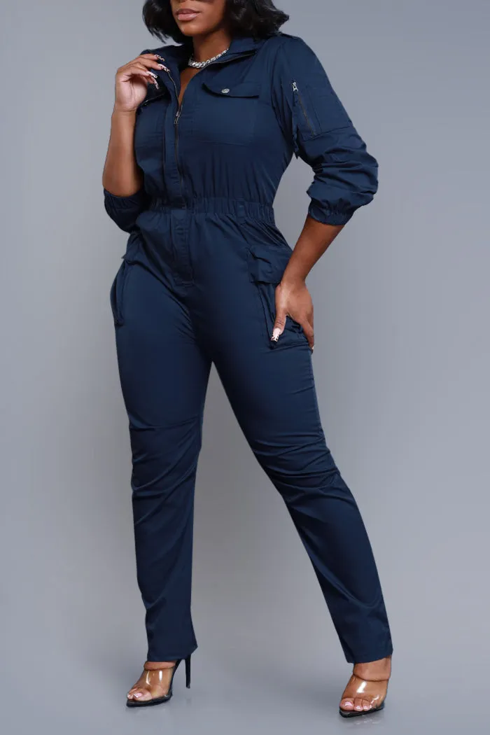 Hold Tight Long Sleeve Cargo Jumpsuit - Navy Blue