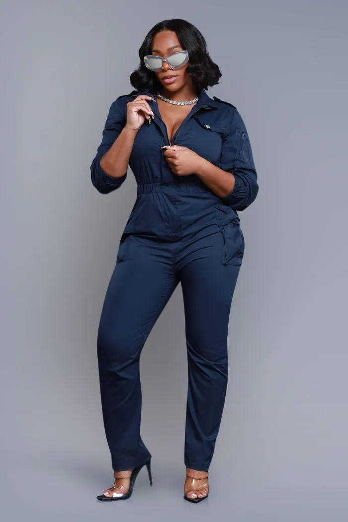 Hold Tight Long Sleeve Cargo Jumpsuit - Navy Blue