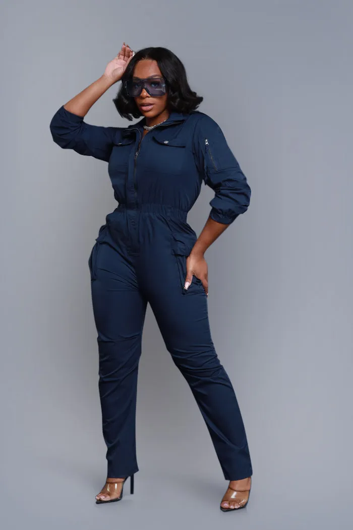 Hold Tight Long Sleeve Cargo Jumpsuit - Navy Blue