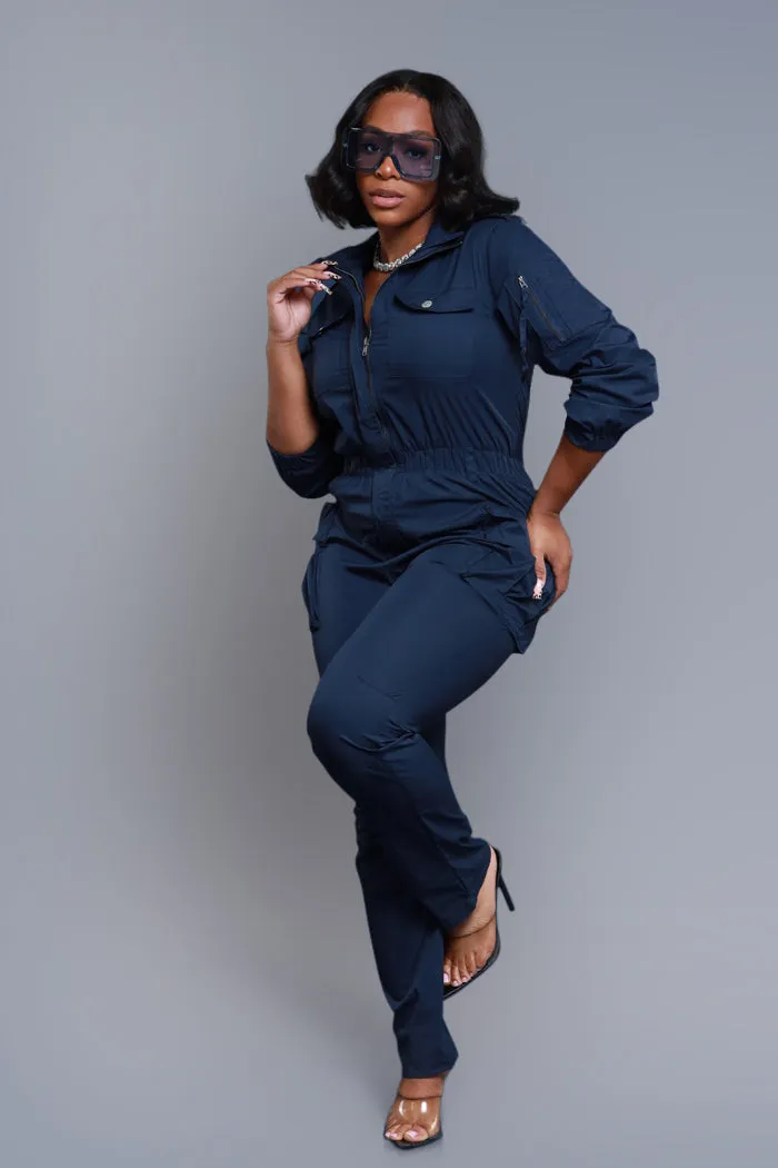 Hold Tight Long Sleeve Cargo Jumpsuit - Navy Blue