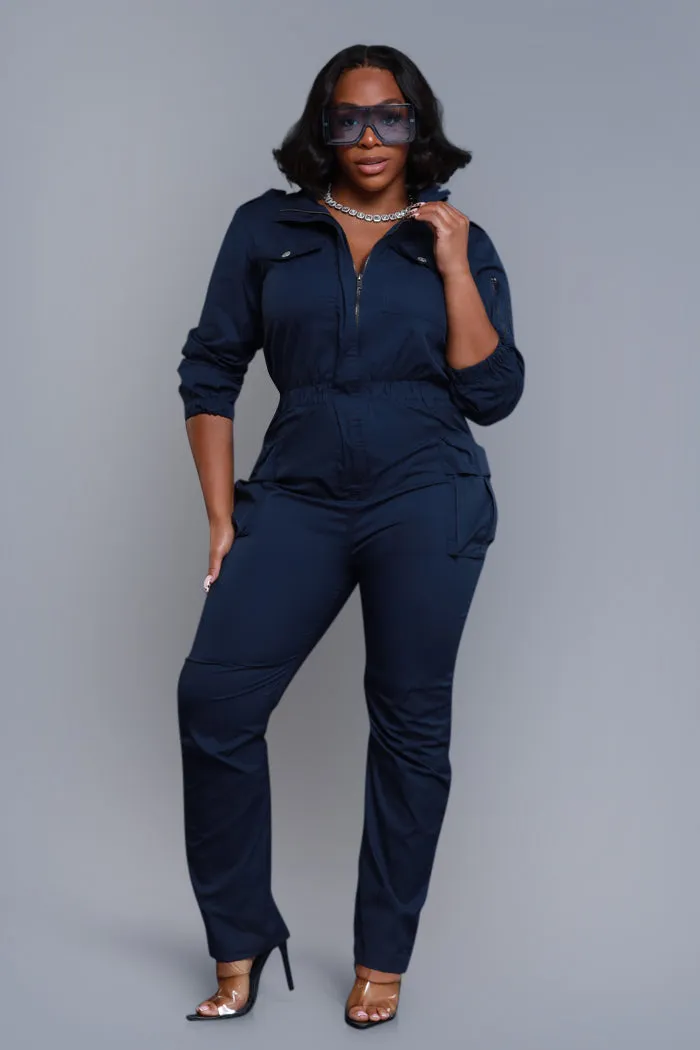 Hold Tight Long Sleeve Cargo Jumpsuit - Navy Blue