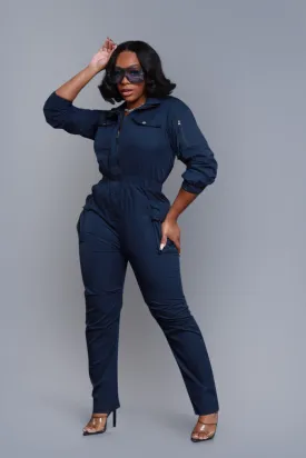 Hold Tight Long Sleeve Cargo Jumpsuit - Navy Blue