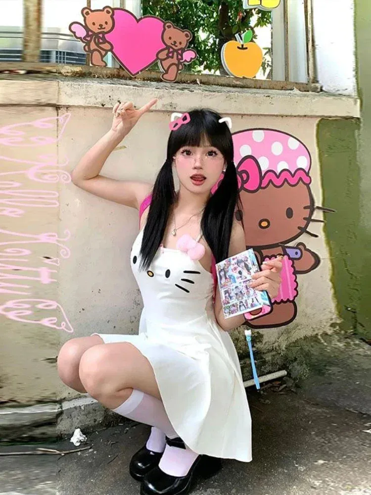 HOUZHOU Kawaii White Dress Women Japanese Y2k Cat Face Embroidery Cute Spaghetti Strap Mini Dress Bow Patchwork Anime Sundress