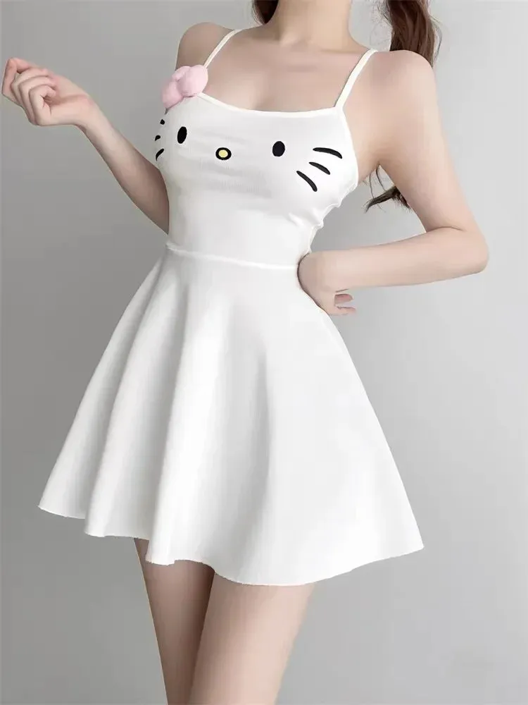 HOUZHOU Kawaii White Dress Women Japanese Y2k Cat Face Embroidery Cute Spaghetti Strap Mini Dress Bow Patchwork Anime Sundress