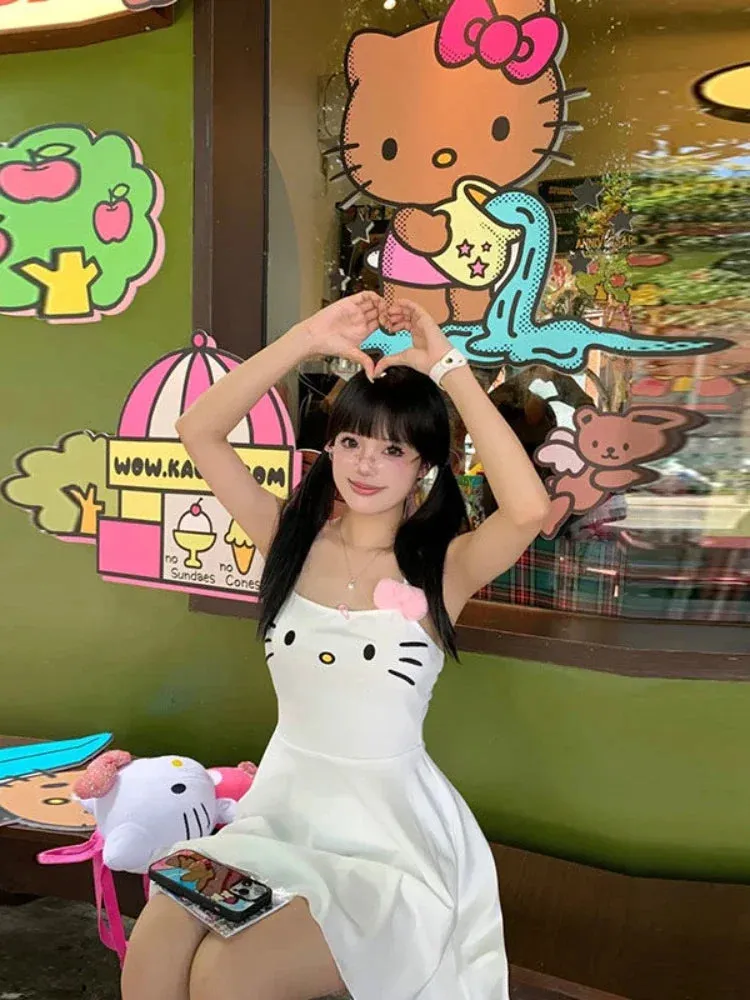HOUZHOU Kawaii White Dress Women Japanese Y2k Cat Face Embroidery Cute Spaghetti Strap Mini Dress Bow Patchwork Anime Sundress