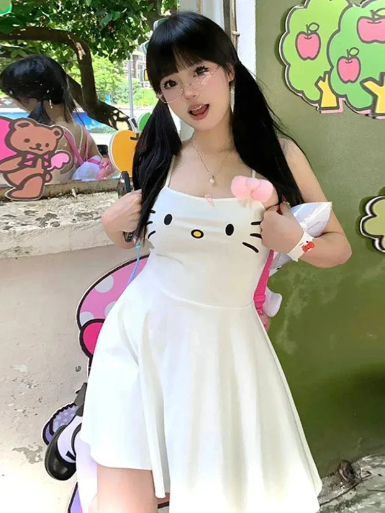 HOUZHOU Kawaii White Dress Women Japanese Y2k Cat Face Embroidery Cute Spaghetti Strap Mini Dress Bow Patchwork Anime Sundress