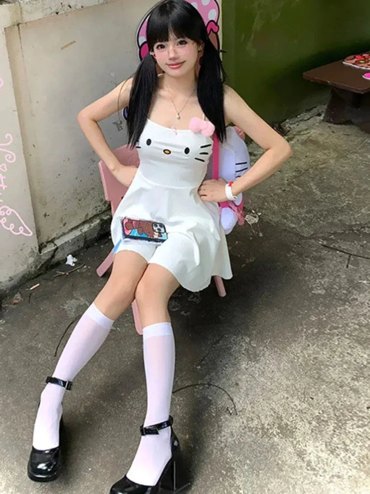 HOUZHOU Kawaii White Dress Women Japanese Y2k Cat Face Embroidery Cute Spaghetti Strap Mini Dress Bow Patchwork Anime Sundress