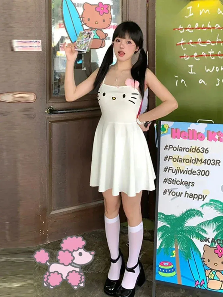 HOUZHOU Kawaii White Dress Women Japanese Y2k Cat Face Embroidery Cute Spaghetti Strap Mini Dress Bow Patchwork Anime Sundress