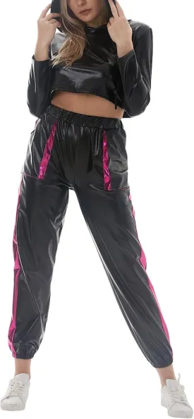 IMEKIS Women's Rave Outfit Shiny Crop Top Hoodie Metallic Casual Long Pants Hooded Workout Sweatshirt Disco Dance Clubwear