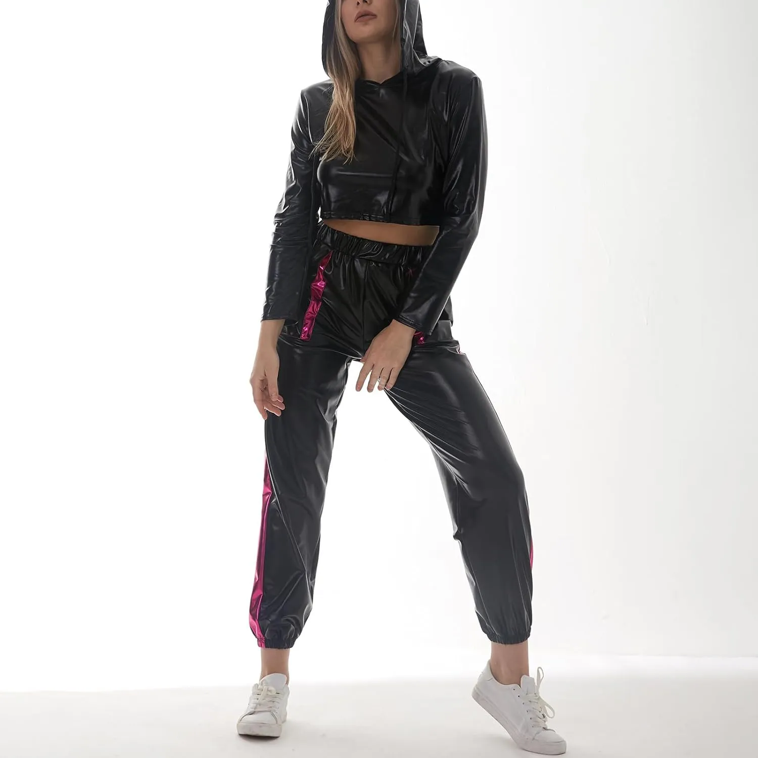 IMEKIS Women's Rave Outfit Shiny Crop Top Hoodie Metallic Casual Long Pants Hooded Workout Sweatshirt Disco Dance Clubwear