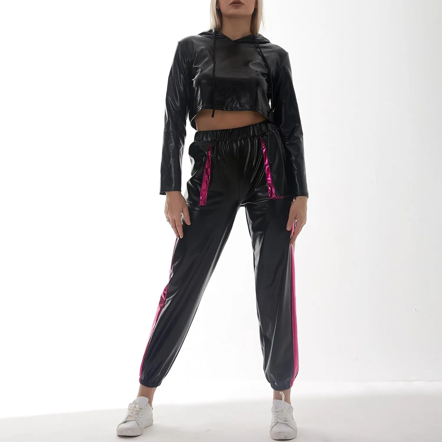 IMEKIS Women's Rave Outfit Shiny Crop Top Hoodie Metallic Casual Long Pants Hooded Workout Sweatshirt Disco Dance Clubwear