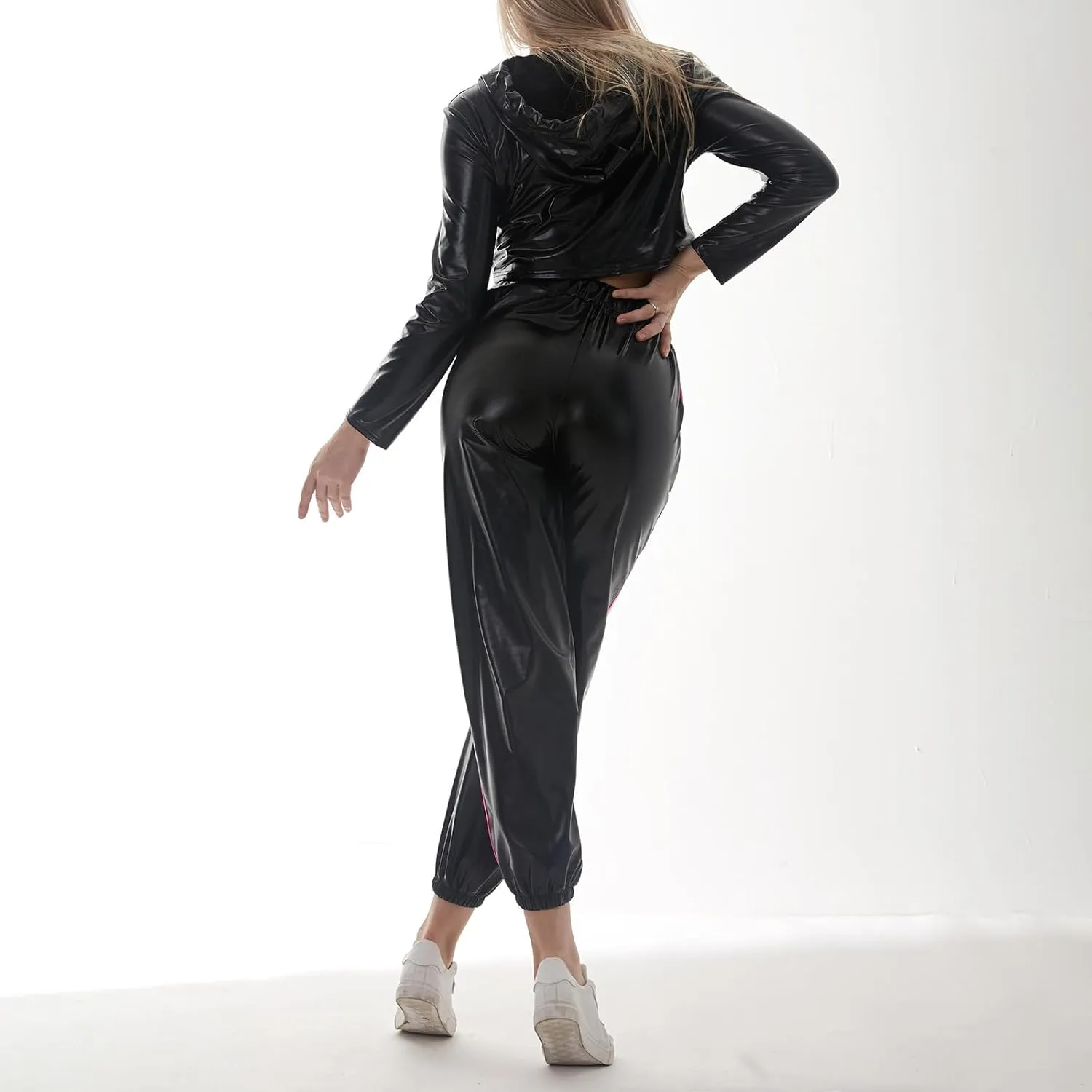 IMEKIS Women's Rave Outfit Shiny Crop Top Hoodie Metallic Casual Long Pants Hooded Workout Sweatshirt Disco Dance Clubwear