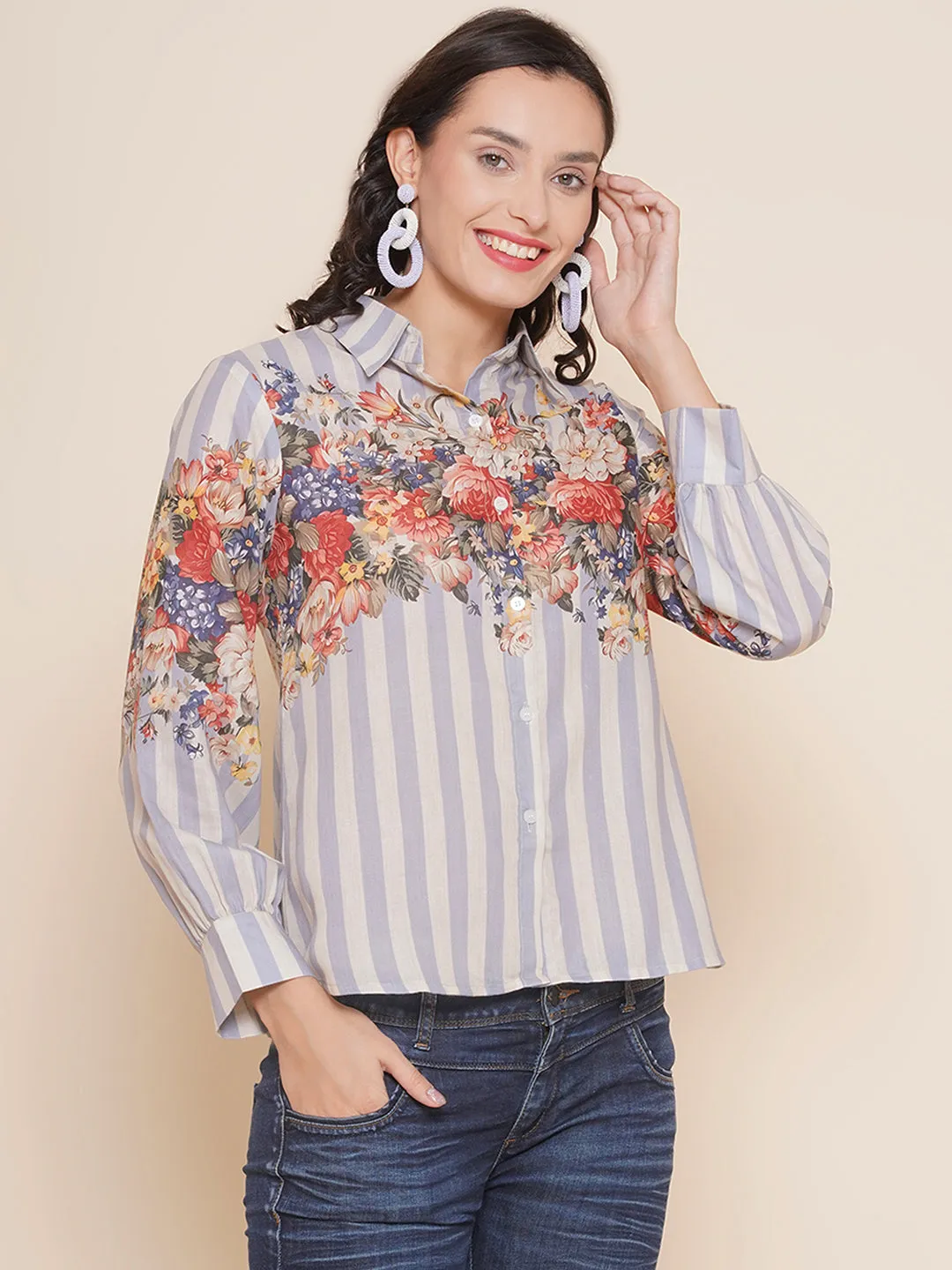 Jashvi Grey Floral Printed Shirt Style Top