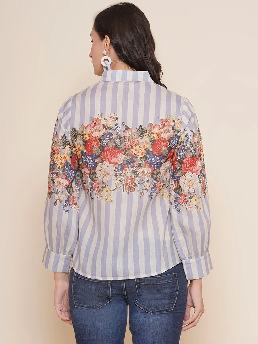 Jashvi Grey Floral Printed Shirt Style Top