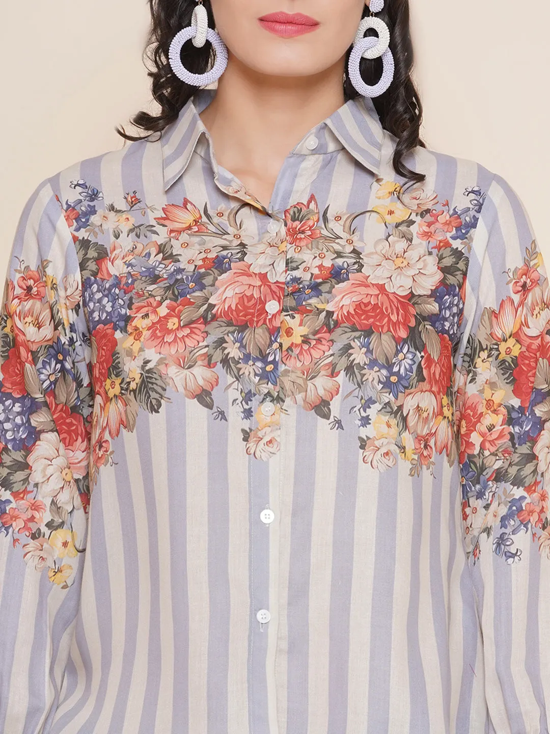 Jashvi Grey Floral Printed Shirt Style Top