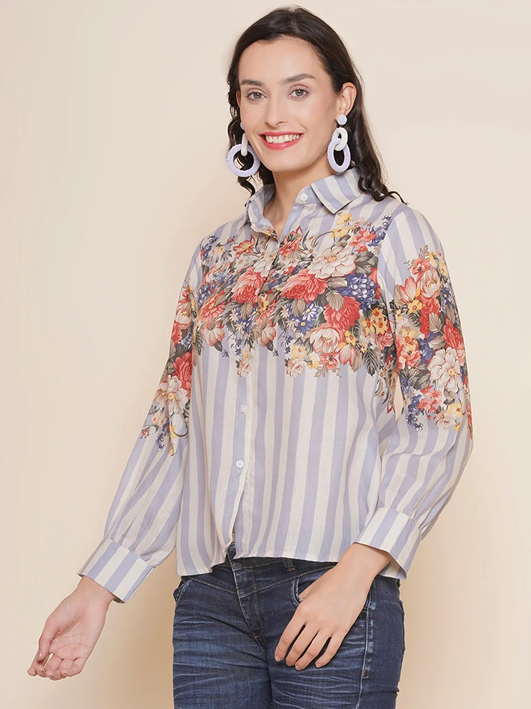 Jashvi Grey Floral Printed Shirt Style Top