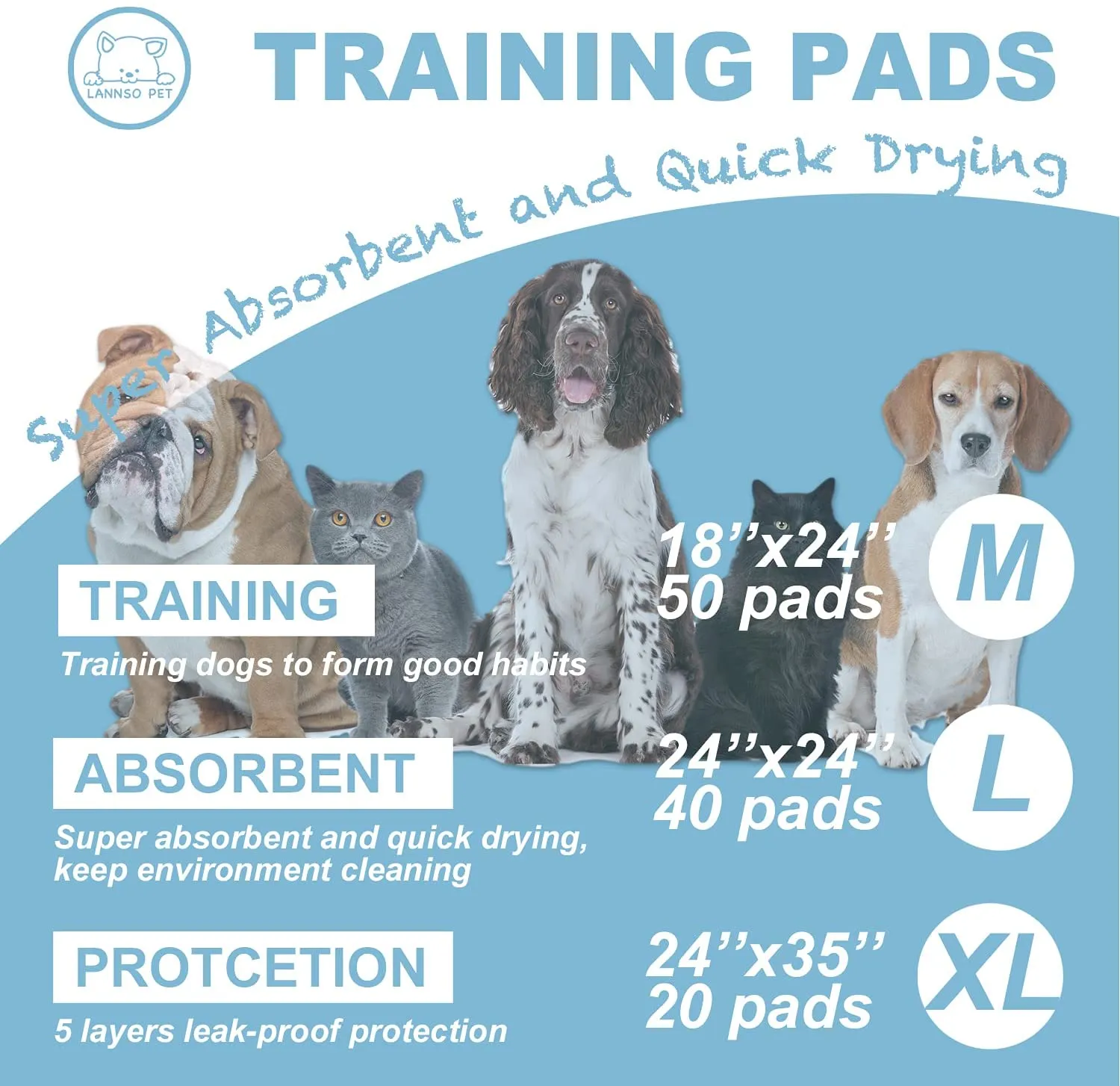 Lannso Pet Dog and Puppy Training Pads Pee Pads Super Absorbent Quick Drying No Leaking Large Size Pads for Dogs Cats Rabbits Pets Potty Pads