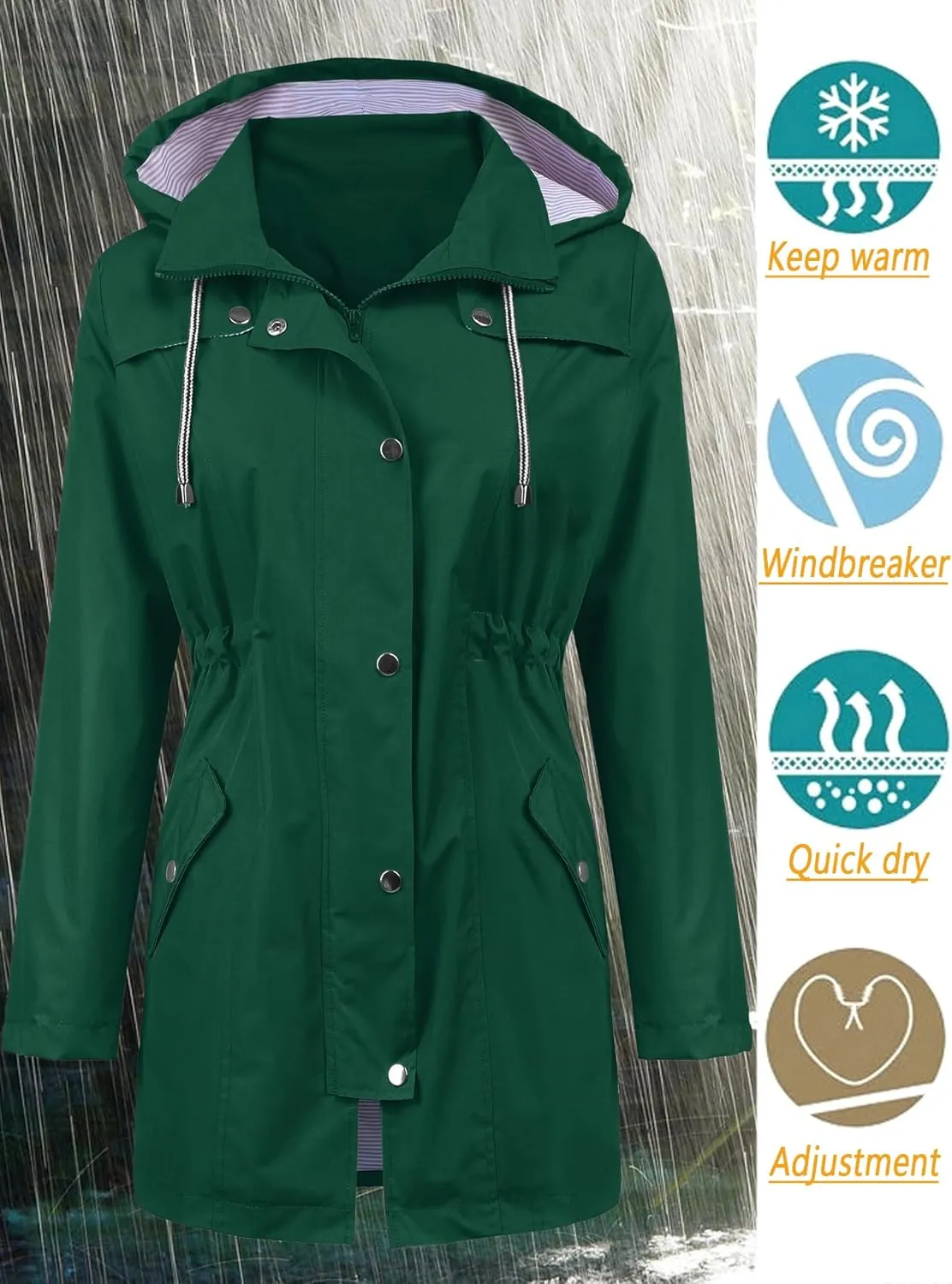 LOMON Raincoat Women Waterproof Long Hooded Trench Coats Lined Windbreaker Travel Jacket S-XXL