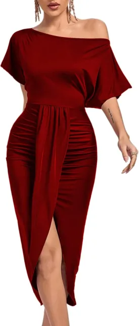 LYANER Women's One Off The Shoulder Ruched Wrap Front Split Hem Draped Party Midi Dress