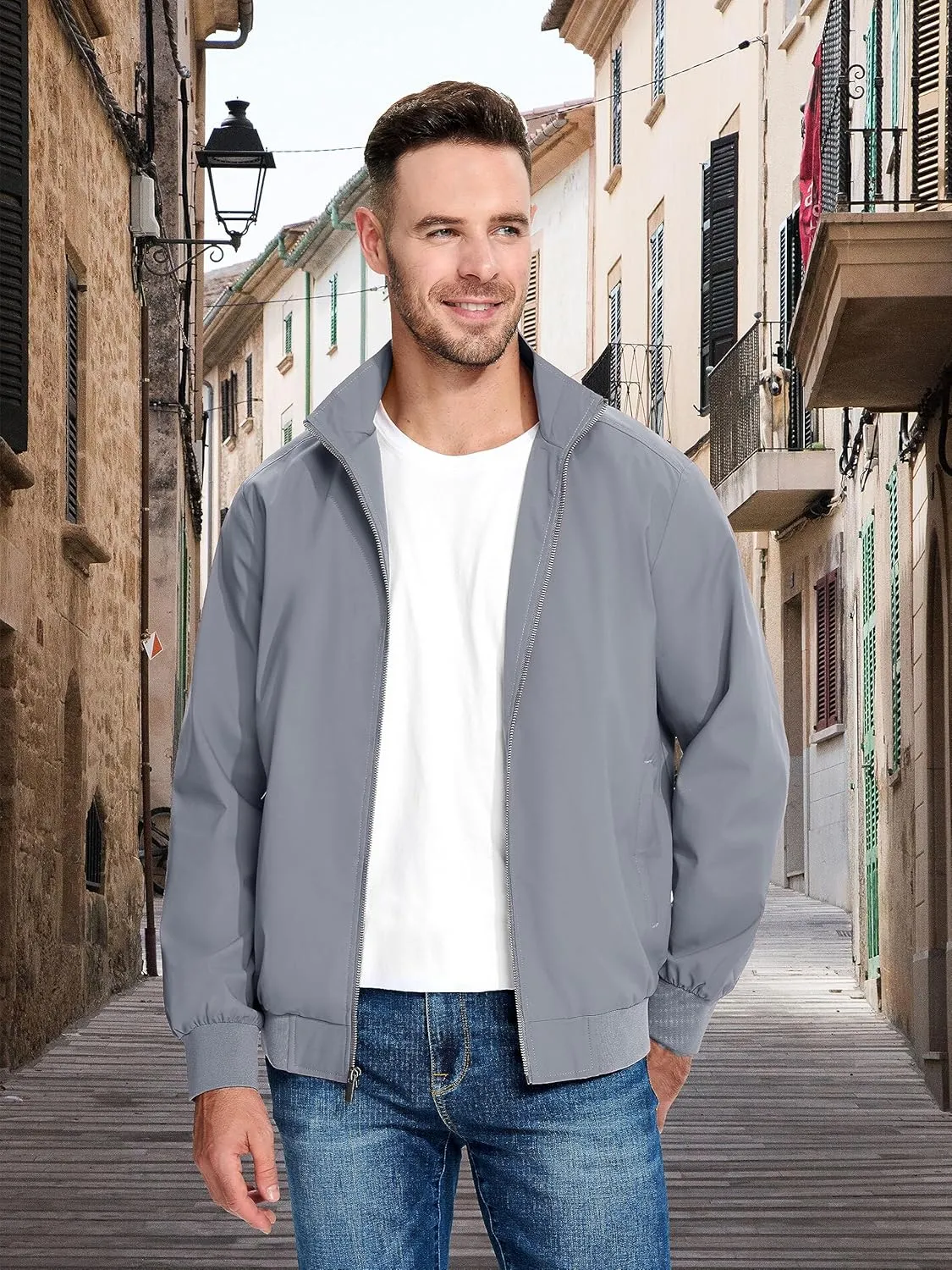 MAGCOMSEN Men's Lightweight Bomber Jacket Windproof Water Resistant Zip Up Coat Stand Up Collar Windbreaker with 3 Pockets