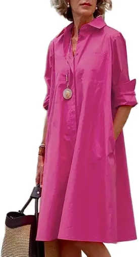 MARSVOVO Womens Linen Long Sleeve Midi Printed Button Down Shirt Dress Plus Size Loose Shirt Dresses for Women with 2 Pockets