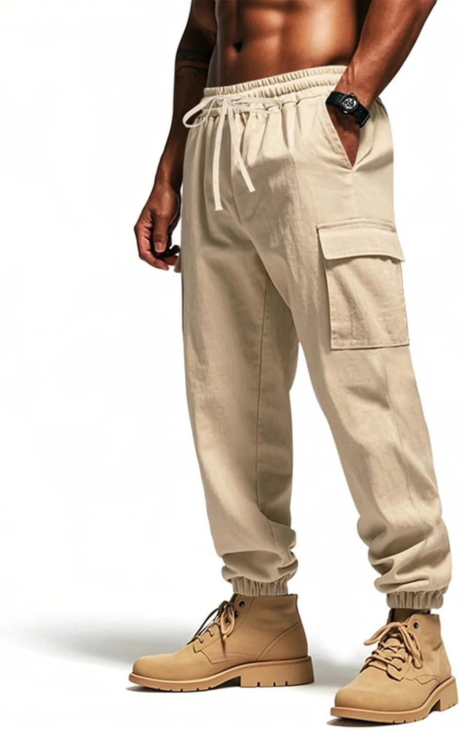 Men's Casual Cargo Joggers Drawstring Straight Leg Breathable Chino Pants Athletic Relaxed Fit Twill Jogging Sweatpants